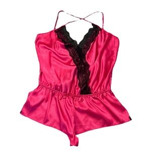 Victoria's Secret Womens Satin Romper Bodysuit Teddy Lingerie W/Black Lace VTG L